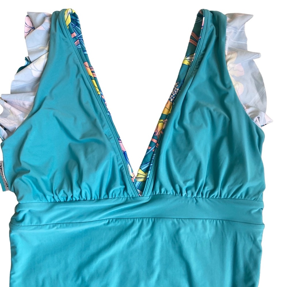 ModCloth The Kelsie Ruffle Blue Floral Plunge Neck One Piece Swimsuit Sz L - Picture 15 of 16